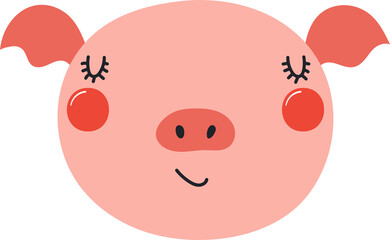 Cute funny baby pig face cartoon character illustration. Hand drawn Scandinavian style flat design, isolated PNG. Wildlife, nature, kids print element