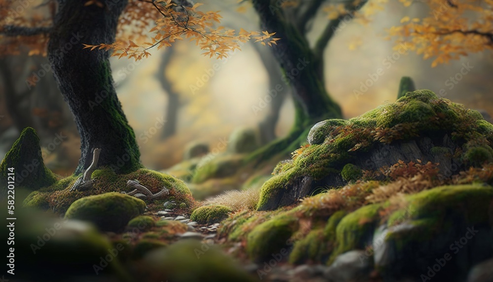 Poster a painting of a forest with mossy rocks and trees in the background and a stream running through the