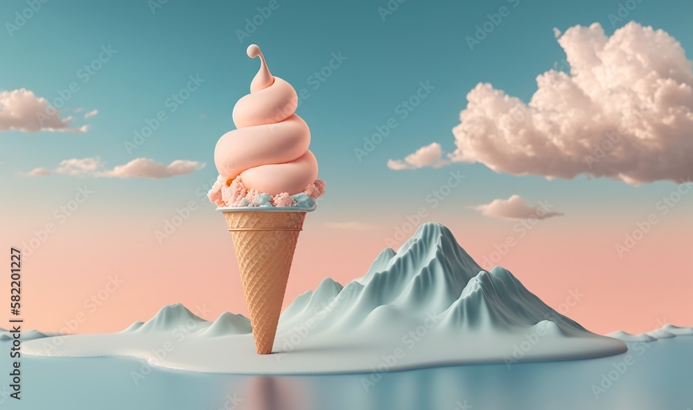 Poster an ice cream cone with a scoop of ice cream on top of it in front of a mountain and sky with clouds 