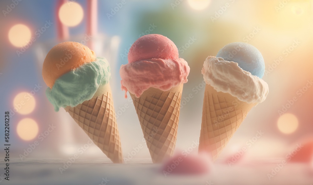 Aufkleber three ice cream cones with different flavors of ice cream in a row on a table with blurry lights beh