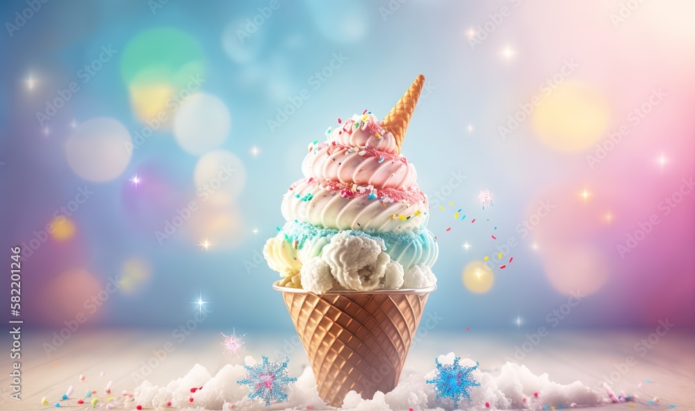 Aufkleber a colorful ice cream cone with sprinkles on a wooden table with a blue background and a starburst of