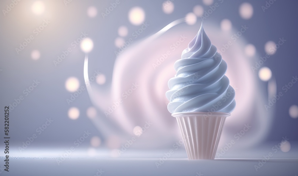 Poster a cupcake with a blue frosting on top of it on a table with a blurry background of white circles and
