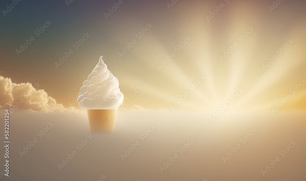 Poster a cupcake with a cone of whipped cream on top of it in the middle of a cloudy sky with the sun shini
