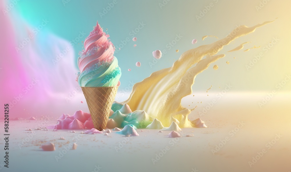 Poster a colorful ice cream cone with a splash of liquid on it's side and a blue and pink swirl coming out 