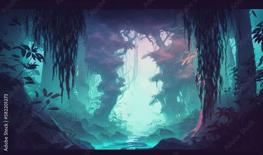 Poster a digital painting of a forest with a stream in the middle of the forest and trees on the sides of t