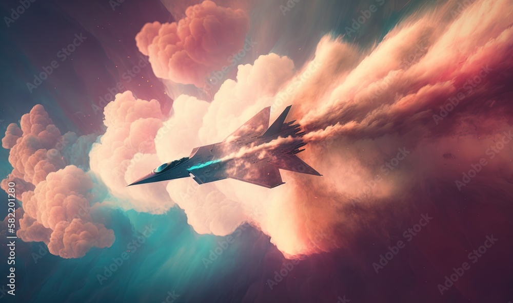 Poster a jet flying through a cloudy sky with a rocket in the sky behind it and a cloud of smoke coming out
