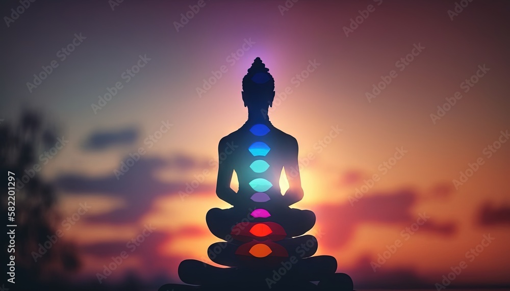 Poster a person sitting in a yoga position with a colorful light on their back and a tree in the background