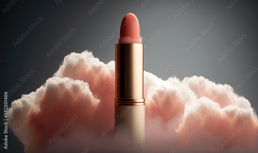 Poster a pink lipstick sitting on top of a pile of clouds in the sky with a black background and a gray sky
