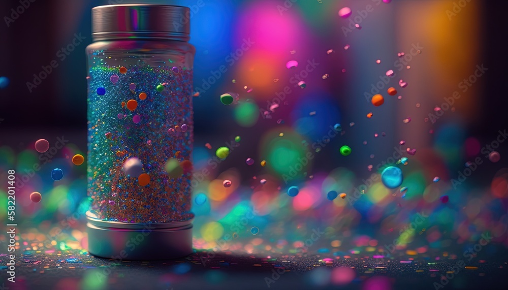 Poster a can of confetti sitting on a table with a lot of confetti on the table next to it and a blurry bac