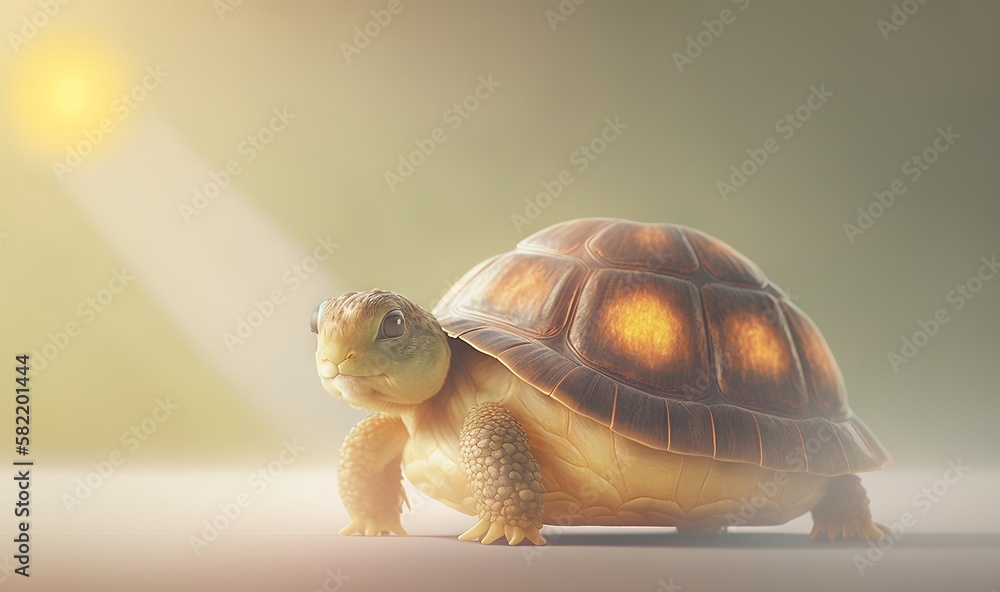 Poster a small turtle with a light shining on it's head and neck, sitting on a surface with a spot light sh