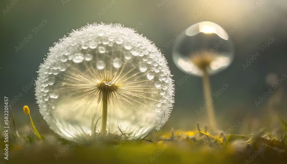 Aufkleber  a dandelion in the grass with water droplets on it's head and a drop of dew on the dandelion in the foreground.  generative ai