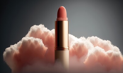  a pink lipstick sitting on top of a pile of clouds in the sky with a black background and a gray sky with clouds behind it.  generative ai