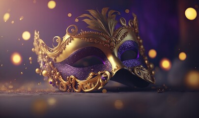  a close up of a purple and gold masquerade mask on a purple and gold background with lights in the background and a blurry boket.  generative ai