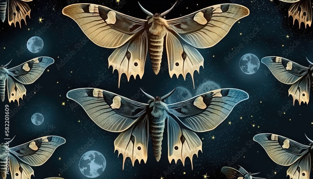 Poster a painting of a moth on a black background with stars and moon in the sky above it is a full moon an