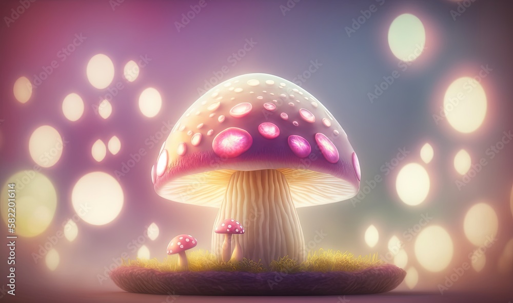 Aufkleber a painting of a mushroom with pink dots on it's cap and grass in front of a purple background with w
