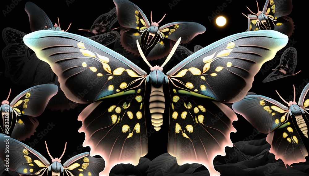 Aufkleber a group of butterflies with yellow and blue wings on a black background with a full moon in the dist