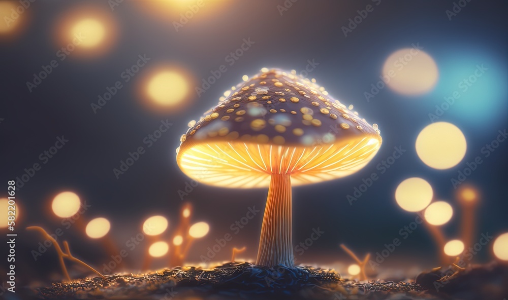 Poster a glowing mushroom sitting on top of a field of grass next to a forest filled with trees and grass c