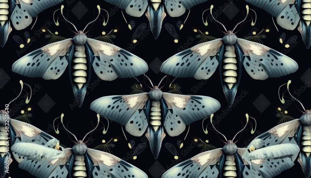 Poster a blue and white butterfly pattern on a black background with a diamond pattern in the middle of the