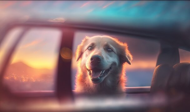  A Dog Is Looking Out The Window Of A Car As The Sun Sets In The Distance Behind It And A Person Is Taking A Picture In The Rear View Mirror.  Generative Ai