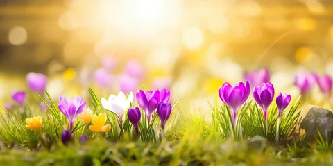 Fotobehang Spring crocus blossoms. Spring wildflowers. generative ai. Beautiful purple blooming flowers in the sunlight © Aquir