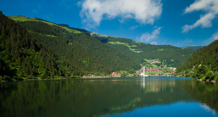  Uzungol village. Famous mosque by the lake. Uzungol view on a summer day. Turkey's travel destinations