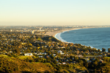 Overlooking the Santa Monica bay and beach neighborhoods of Los Angeles from above in the Santa...