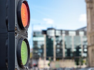 Close-up shot of traffic lights with a blurred background