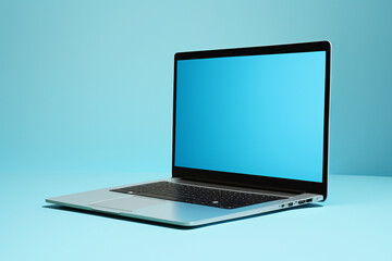 Modern laptop on clean blue background. Generative AI.