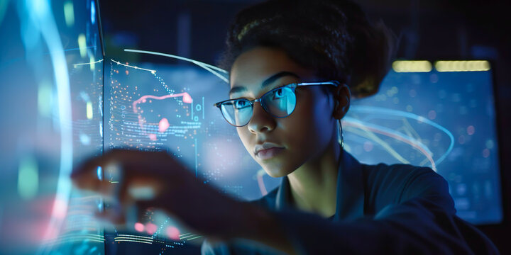 Young person using data analysis with network complex information from visualizing system.smart working.optimization of human,Artificial intelligence automation.business development.Generative ai 