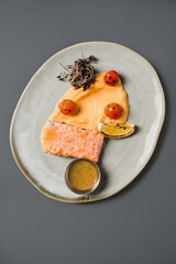 restaurant dish of a piece of baked trout on a plate and a gray background
