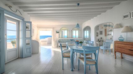 Fototapeta na wymiar interior of a luxury beach hotel interior, view to the ocean, luxury resort, generative ai