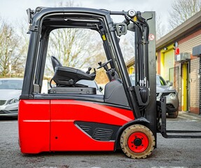 Battery powered electric Forklift truck sat in the warehouse yard red color counter balance