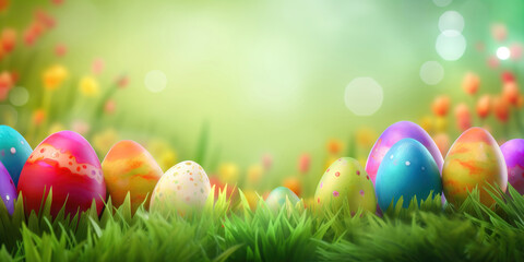 Fototapeta premium happy easter! easter eggs on grass, generative ai