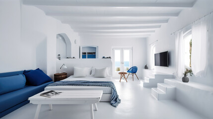 interior of a luxury greek santorini white beach house room with azure blue accents, generative ai