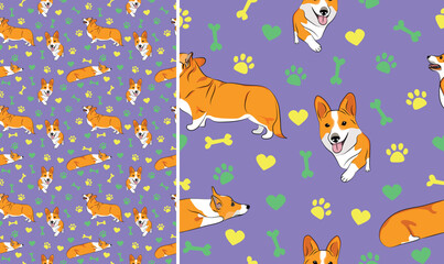 Corgi dogs on a playful violet background with bones, hearts, paws. Funky, colorful vibe, vibrant palette. Simple, clean, modern texture. Summer seamless pattern with dogs. Birthday present, baby fun.