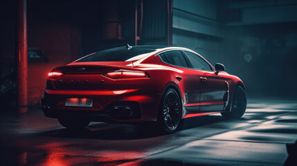 Obraz na płótnie Canvas A red concept sports car parked in a parking garage. Generative AI