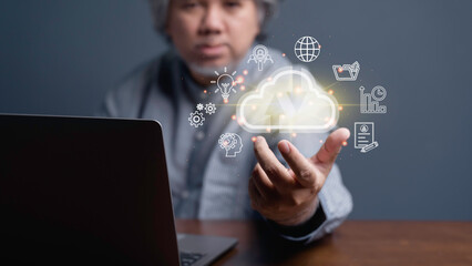 Businessman online banking and icon network connection, online payments, shopping and digital technology business on virtual screen. Digital marketing Finance and banking networking cyber security.