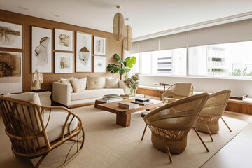 Fototapeta premium modern luxury living room with wooden furnitures, generative ai