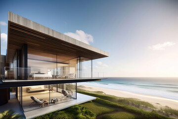 Obraz premium luxury beach hotel, modern building next to sea, generative ai