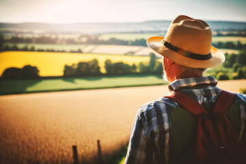 Farmer Overlooking his Harvest in the Fields in Summer. Generative AI
