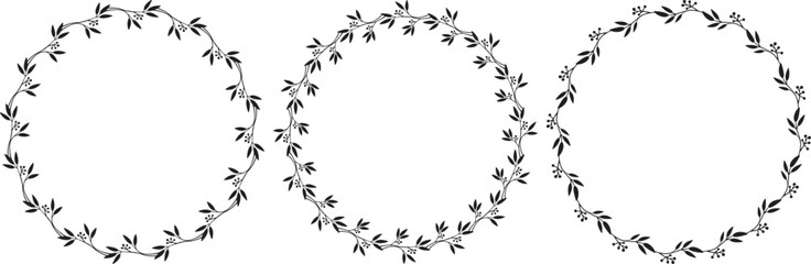 Set of three vector hand drawn floral frames isolated on white background. Round black wreath with plants