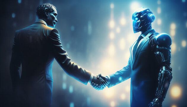 AI created picture of AI shaking hands with a human - AI making buissnes with humans - AI created picture - Bussnes happening - Shaking hands with AI -  Blue tinted picture of a meetin