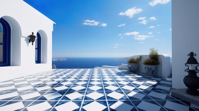 Santorini Greek luxury hotel room interior, view of the sea from the window, generative ai