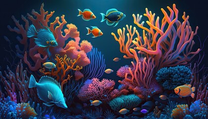 Fototapeta na wymiar A Network-Generated Artificial Intelligence Art Concept: Tropical Underwater Life of a Coral Reef Background Style: Generative AI