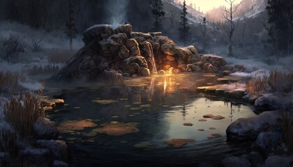 An Ethereal Hot Springs Scene with Natural Steaming Water - obrazy, fototapety, plakaty