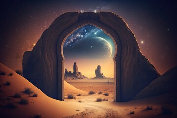 Discover a Mystical Portal of Beauty and Fantasy in the Desert's Sandstone View of the Milky Way. Generative AI