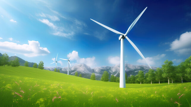 eco friendly renewable green energy, wind turbine in the green field, wind power, generative ai