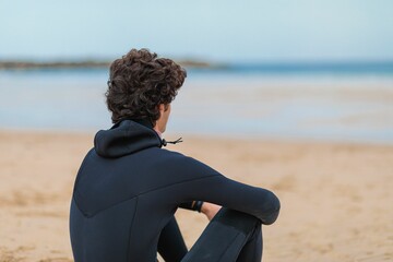 Fototapeta na wymiar Curly-haired surfer sitting on the beach sand and looking at the seascape captured from behind