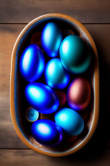 Glossy colorful Easter eggs in a basket