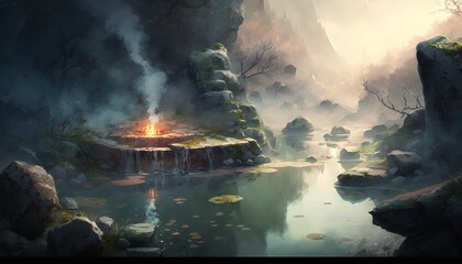An Ethereal Hot Springs Scene with Natural Steaming Water